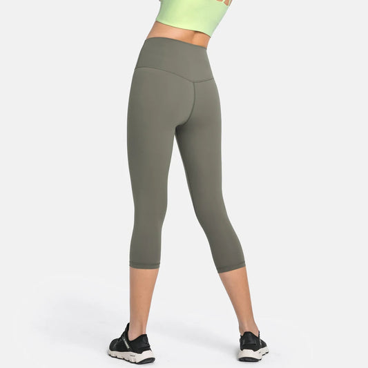 Nylon knit high waist fitness sport capri pants no front seam naked feel 3/4 length - product image