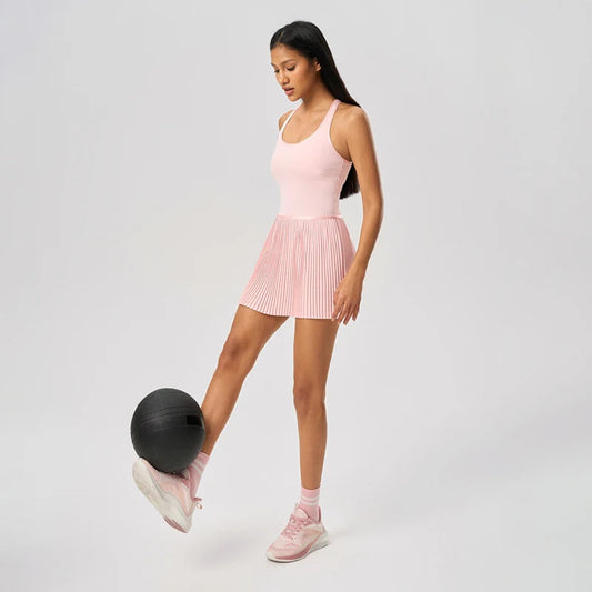 Nylon knit pleated sleeveless racerback tennis dress with built-in shorts and bra - product image