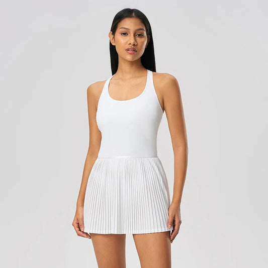 Nylon knit pleated sleeveless racerback tennis dress with built-in shorts and bra - product image