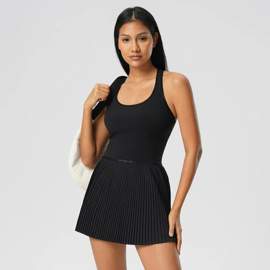 Nylon knit pleated sleeveless racerback tennis dress with built-in shorts and bra - product image
