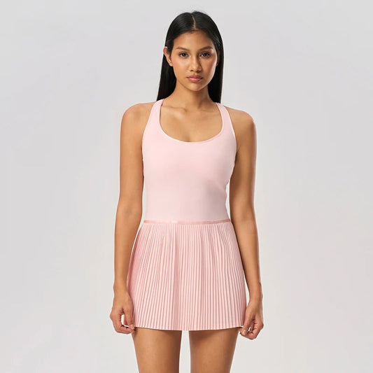 Nylon knit pleated sleeveless racerback tennis dress with built-in shorts and bra - product image