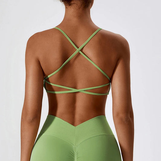 Nylon knit seamless backless strappy padded sports bra crop tank top women's - product image