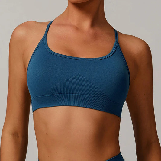 Nylon knit seamless backless strappy padded sports bra crop tank top women's - product image