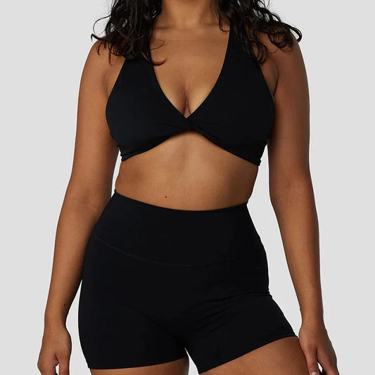 Nylon knit women's 2 pieces front twist bra set breathable quick dry yoga shorts - product image