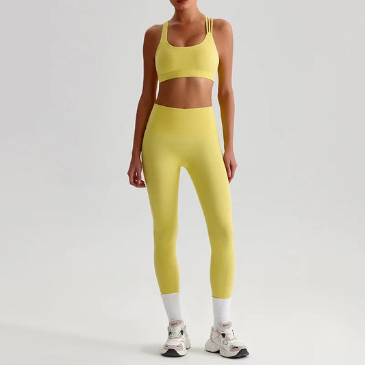 Nylon knit women's 2piece cross back sports bra and high waist leggings set - product image