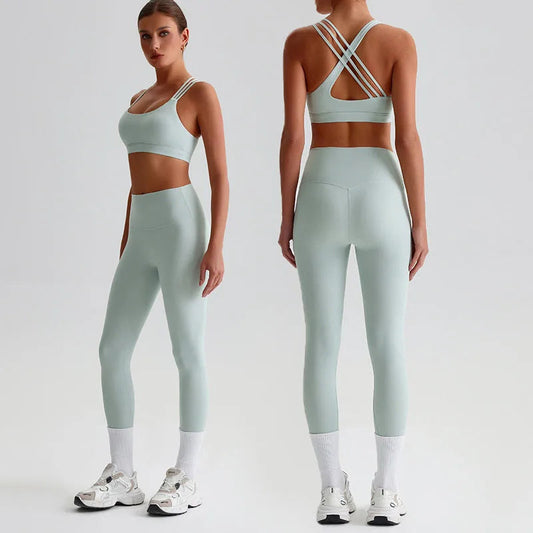 Nylon knit women's 2piece cross back sports bra and high waist leggings set - product image