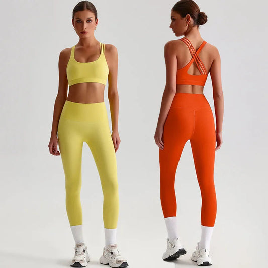Nylon knit women's 2piece cross back sports bra and high waist leggings set - product image