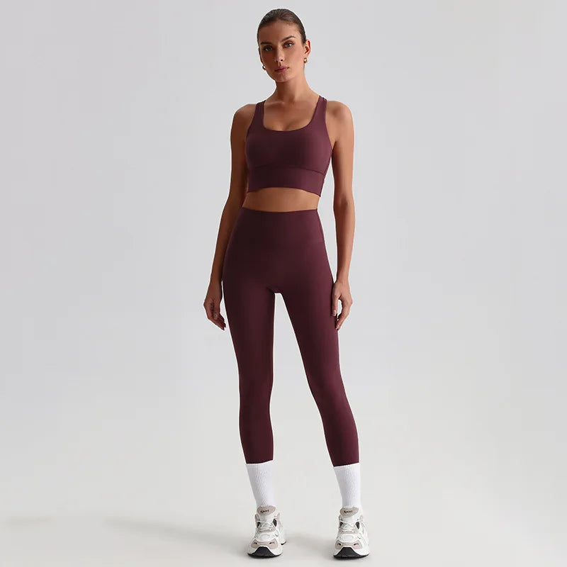 Nylon knit women's 2piece yoga set strappy sports bra gym outfit - product image