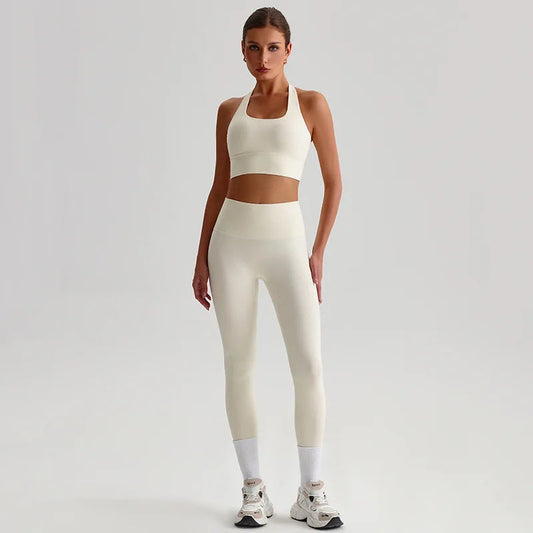 Nylon knit women's 2piece yoga set strappy sports bra gym outfit - product image