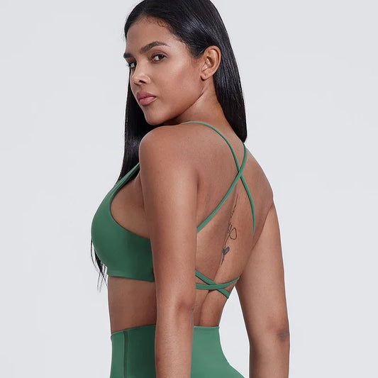 Nylon knit women's chest pad slim back cross sports halter vest fitness underwear - product image