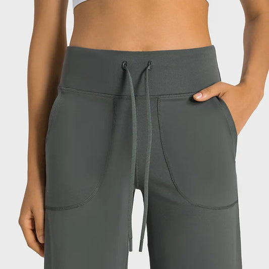 Nylon knit women's high waist drawstring bootcut yoga leggings - product image
