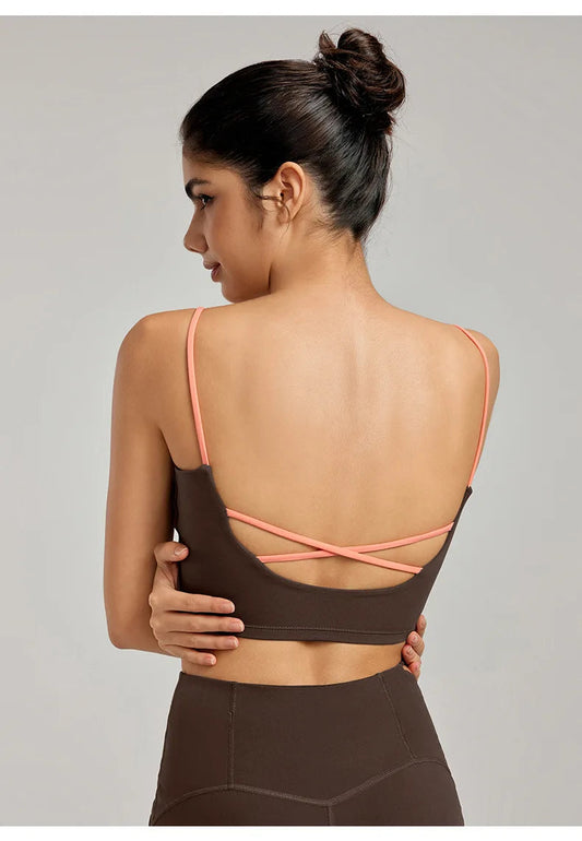 Nylon non-woven chest pad contrast color beautiful back strap yoga sports bra women's - product image