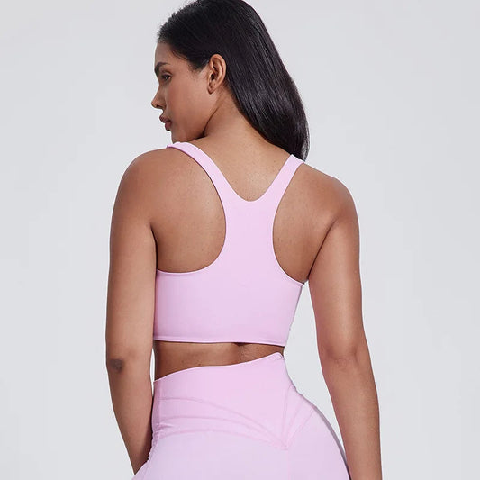 Nylon padded racerback mid impact sports bra crop top for yoga workout - product image