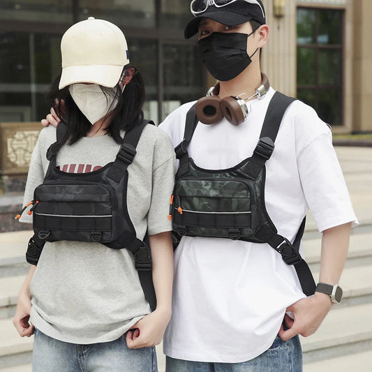 Nylon softback lightweight outdoor chest vest bag with reflective design and multiple pockets - product image