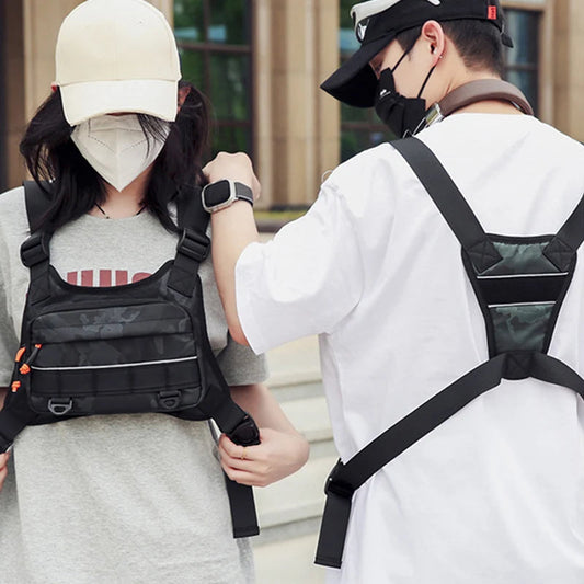 Nylon softback lightweight outdoor chest vest bag with reflective design and multiple pockets - product image