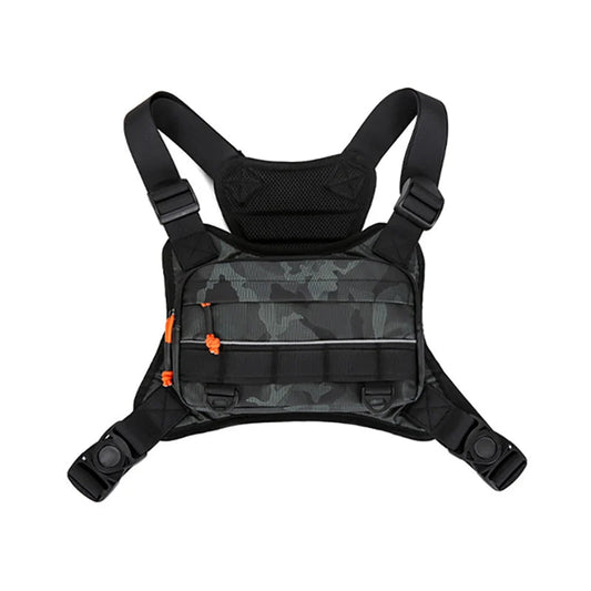 Nylon softback lightweight outdoor chest vest bag with reflective design and multiple pockets - product image