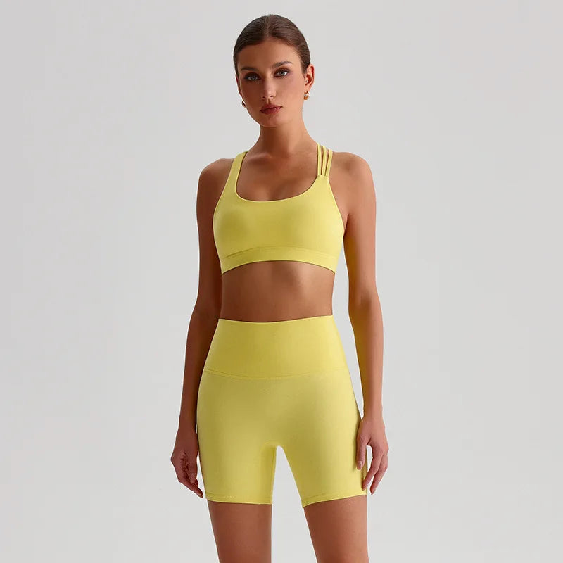 Nylon spandex knit high waist 2pcs gym fitness set women's biker shorts workout - product image