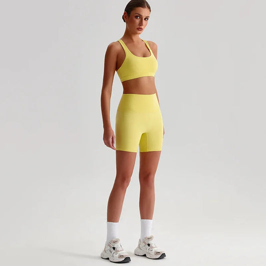 Nylon spandex knit high waist 2pcs gym fitness set women's biker shorts workout - product image