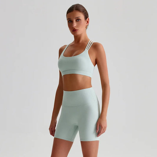 Nylon spandex knit high waist 2pcs gym fitness set women's biker shorts workout - product image