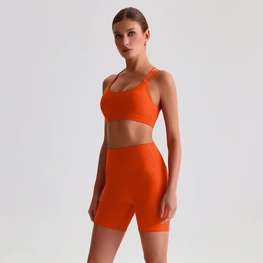 Nylon spandex knit high waist 2pcs gym fitness set women's biker shorts workout - product image
