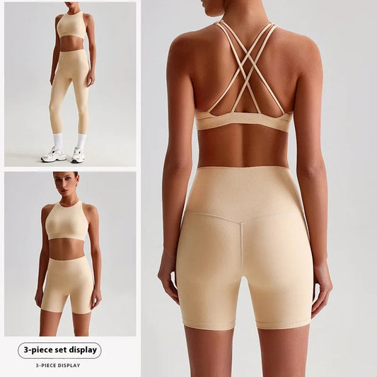 Nylon spandex knit women's 2 piece high waist gym fitness biker shorts set - product image