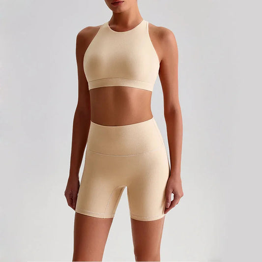Nylon spandex knit women's 2 piece high waist gym fitness biker shorts set - product image