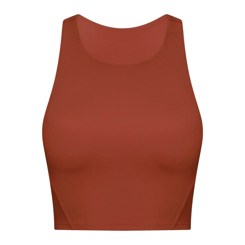 Nylon spandex knit women's high neck padded fitness sports bra crop top vest - product image