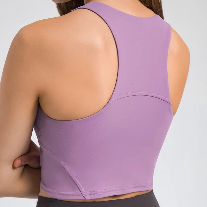 Nylon spandex knit women's high neck padded fitness sports bra crop top vest - product image