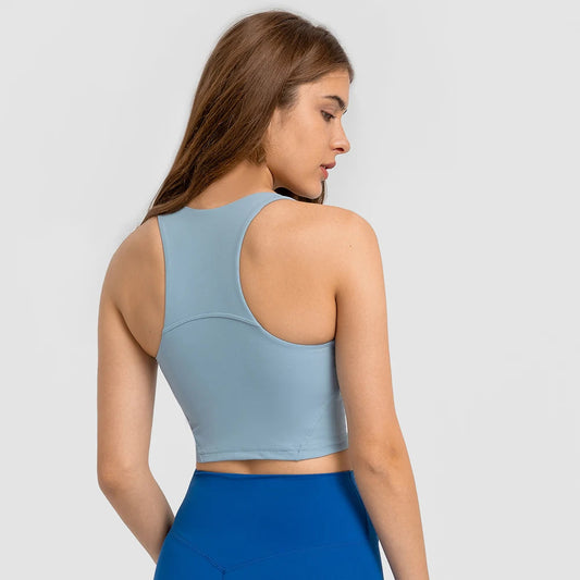 Nylon spandex knit women's high neck padded fitness sports bra crop top vest - product image