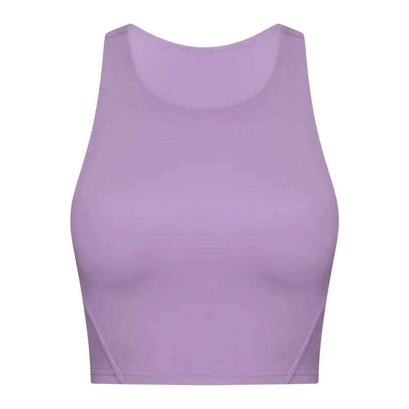 Nylon spandex knit women's high neck padded fitness sports bra crop top vest - product image