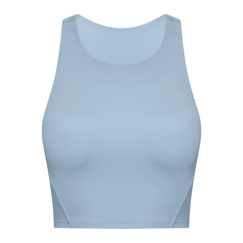 Nylon spandex knit women's high neck padded fitness sports bra crop top vest - product image