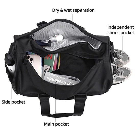 Nylon sports duffel bag with dry/wet separation shoe compartment and multiple pockets - product image