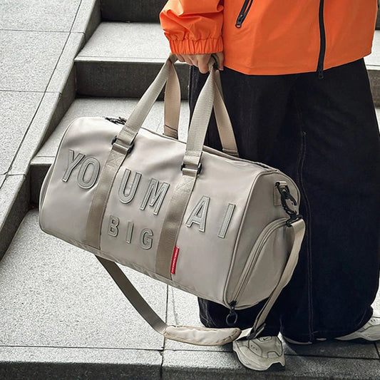 Nylon sports duffel bag with dry/wet separation shoe compartment and multiple pockets - product image