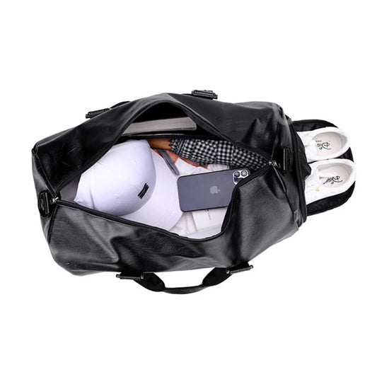 Pu leather gym bag with dry/wet separation and independent shoe compartment - product image