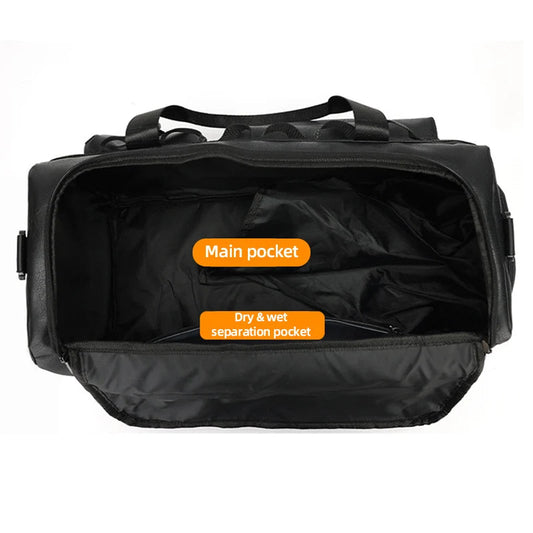 Pu sports duffel bag with dry/wet separation shoe compartment and multiple pockets - product image