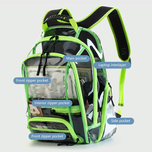 Pvc transparent large capacity multi-pocket waterproof softback backpack with trolley strap - product image