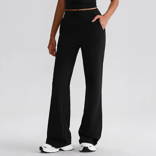 Recycled polyester knit high waist straight cut jogger pants with pocket women's - product image