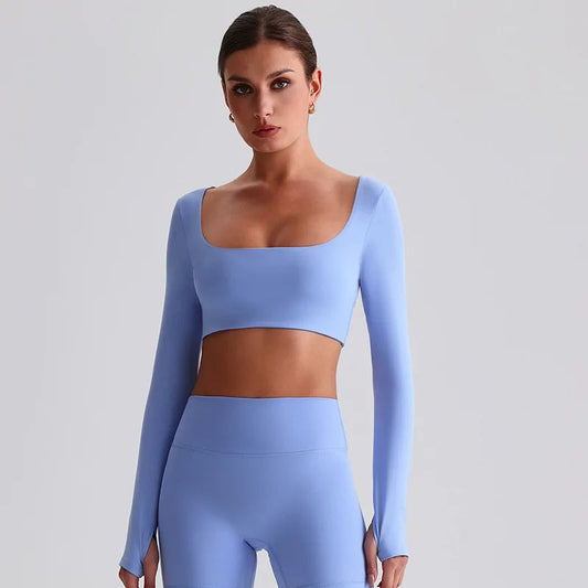 Recycled polyester padded long sleeve crop top plain workout gym shirt - product image