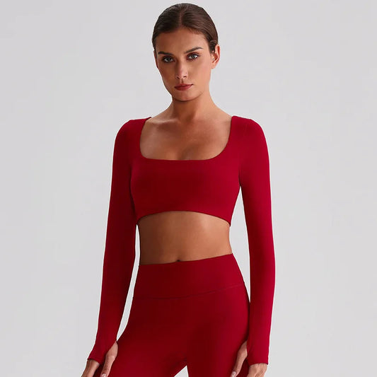 Recycled polyester padded long sleeve crop top plain workout gym shirt - product image