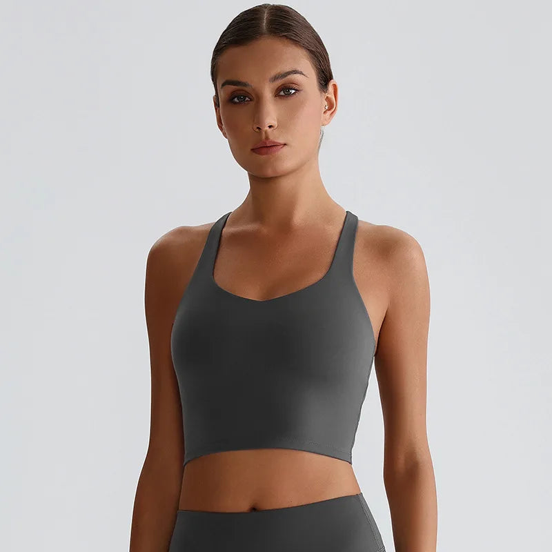 Recycled polyester strappy gym workout longline sports bras - product image