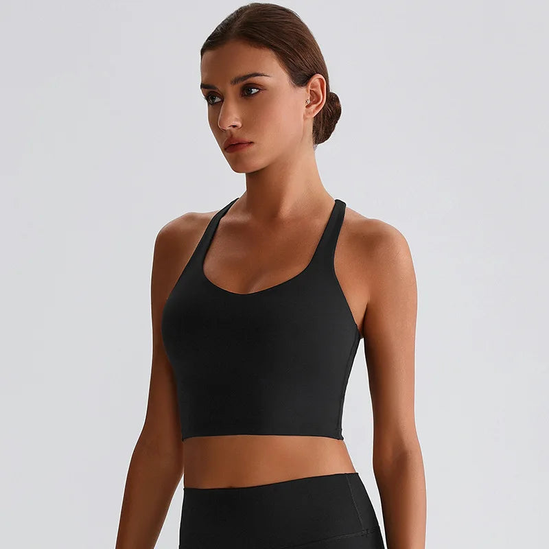 Recycled polyester strappy gym workout longline sports bras - product image