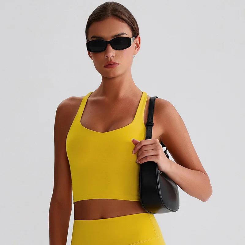 Recycled polyester strappy gym workout longline sports bras - product image