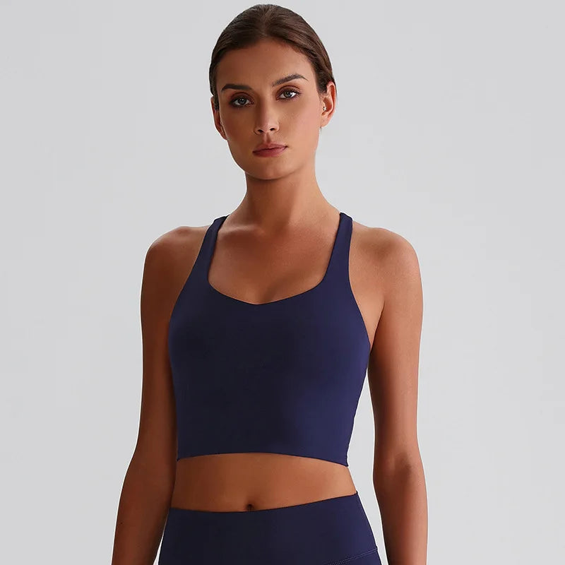 Recycled polyester strappy gym workout longline sports bras - product image