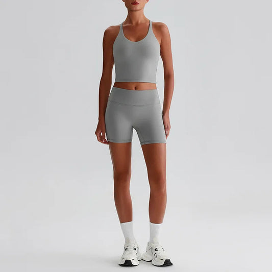 Recycled polyester women's 2-piece workout set sports bra and biker shorts - product image