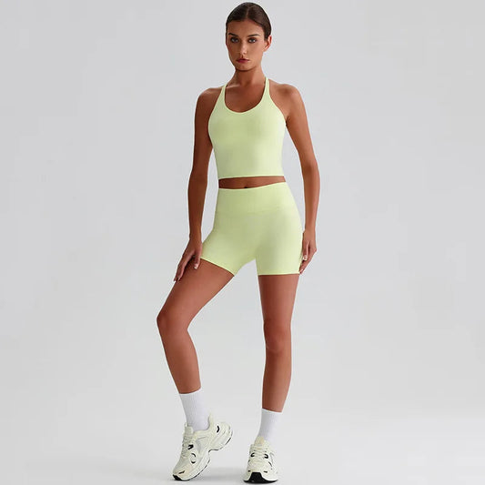 Recycled polyester women's 2-piece workout set sports bra and biker shorts - product image