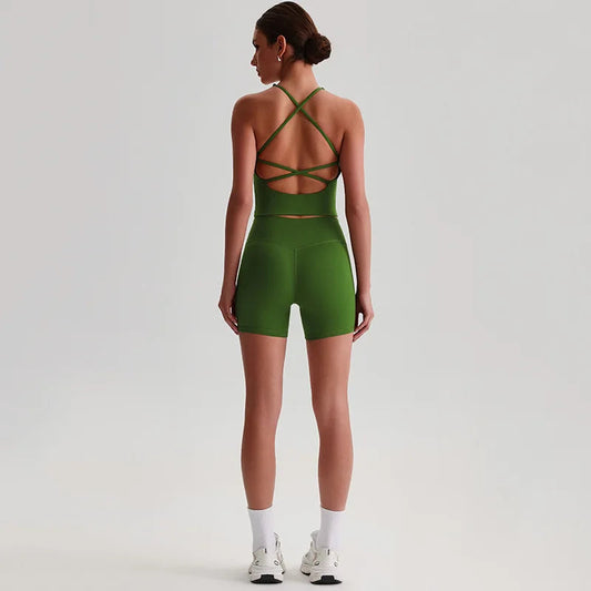 Recycled polyester women's 2-piece workout set sports bra and biker shorts - product image