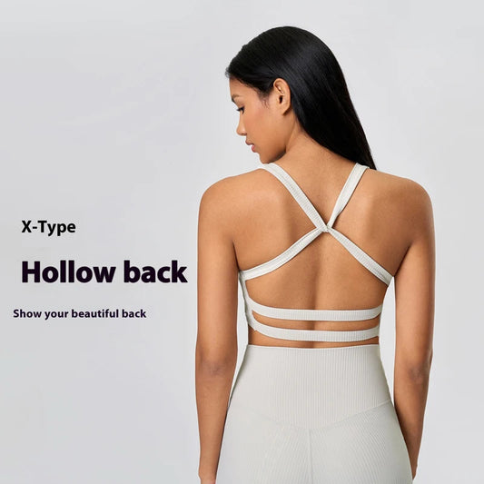 Ribbed knit cross back mid support nylon yoga bra - product image