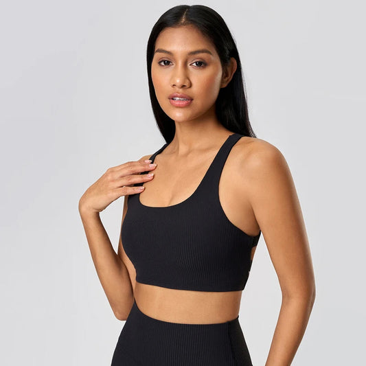 Ribbed knit cross back mid support nylon yoga bra - product image