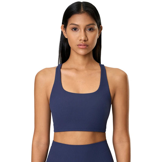 Ribbed knit cross back mid support nylon yoga bra - product image