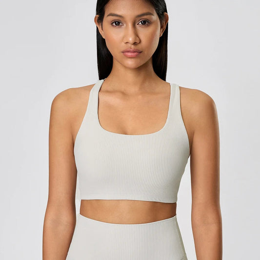 Ribbed knit cross back mid support nylon yoga bra - product image